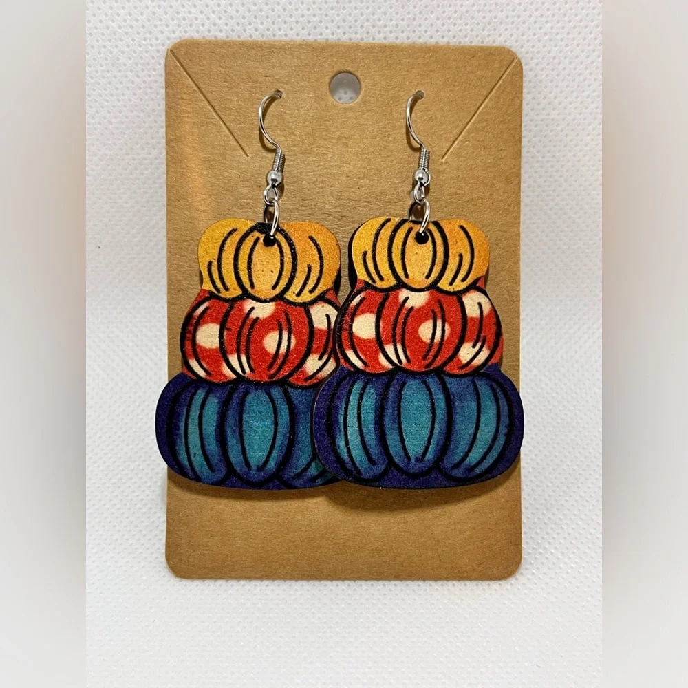 NWT Pumpkin Stack Drop & Dangle Earrings Lightweight Wood Fall Autumn Halloween - Picture 2 of 8